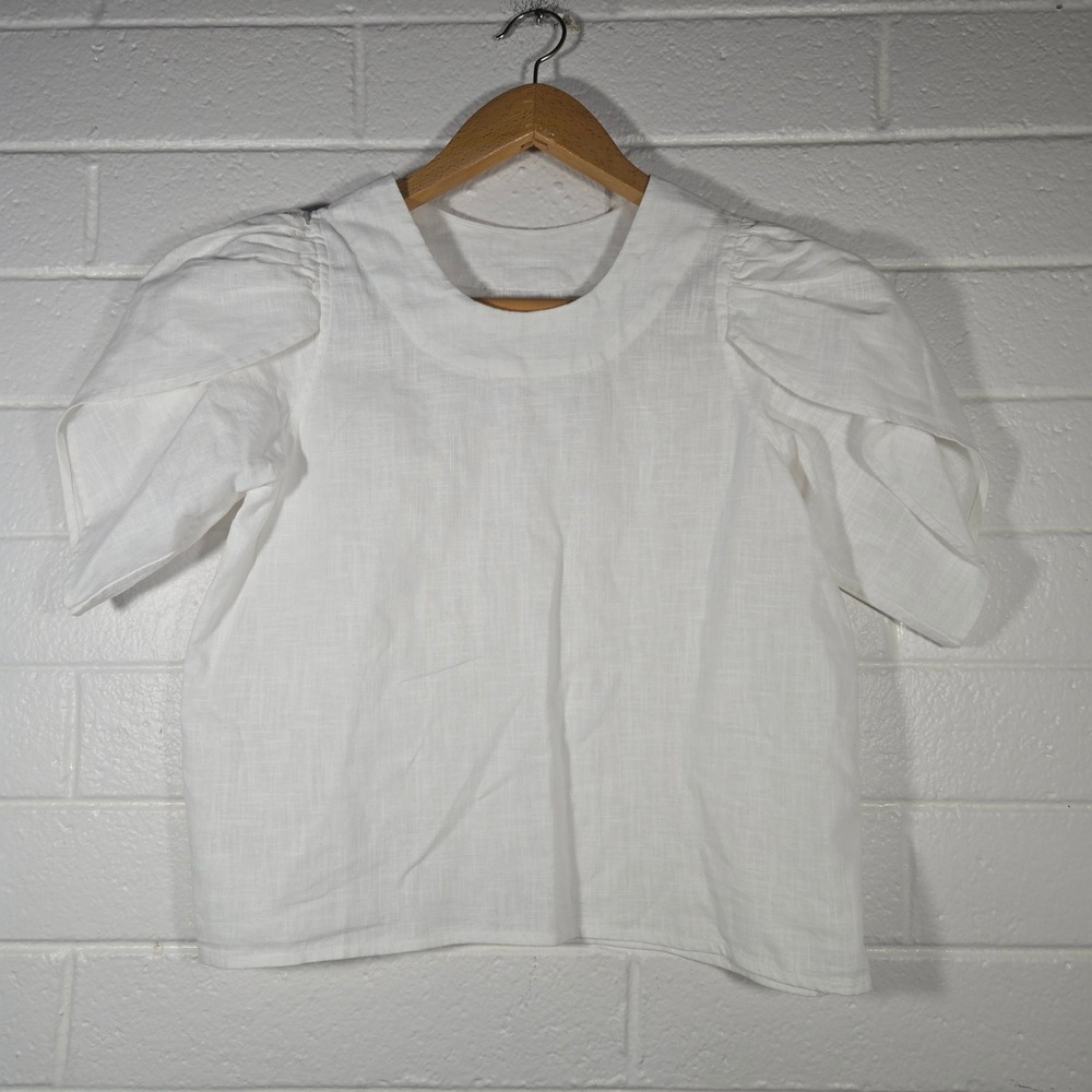 House of Flint White Linen Puff Sleeve Blouse Medium Boxy Minimalist Top